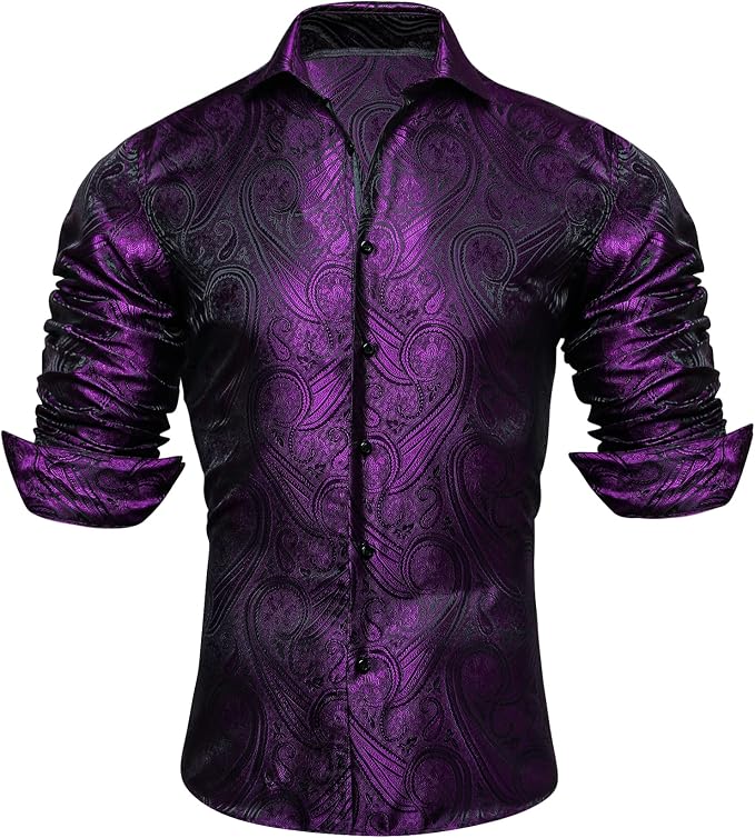 Purple paisley dress shirt for men in high sheen satin