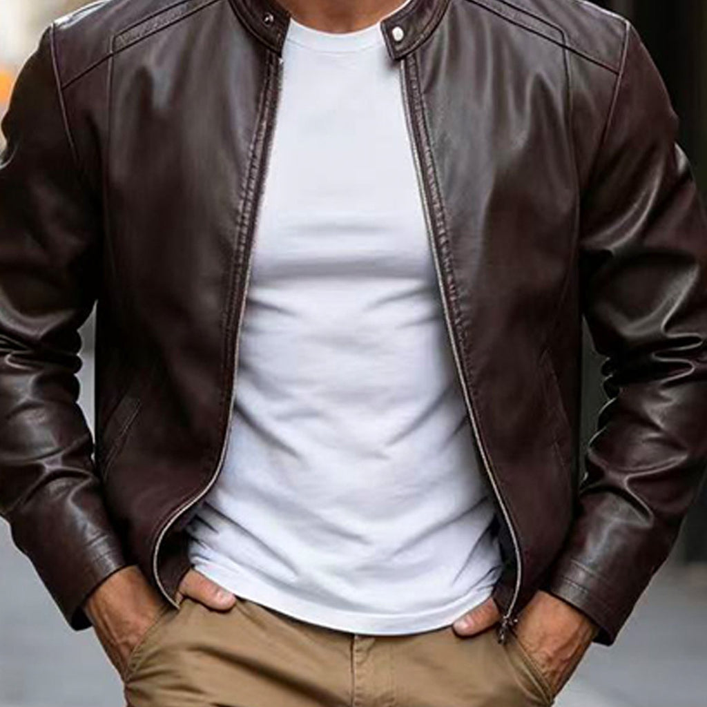 Stand Collar Leather Jacket with Zip Front