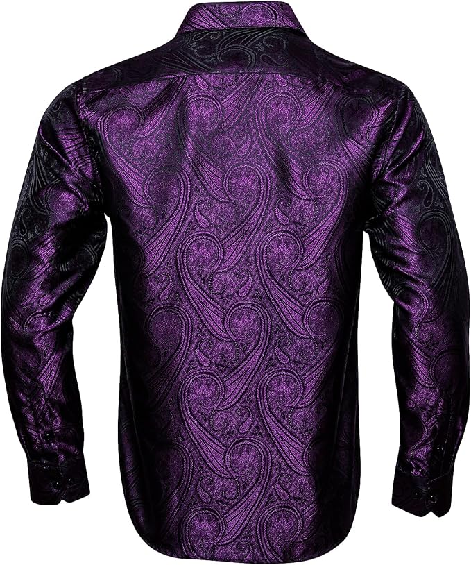 Purple paisley dress shirt for men in high sheen satin