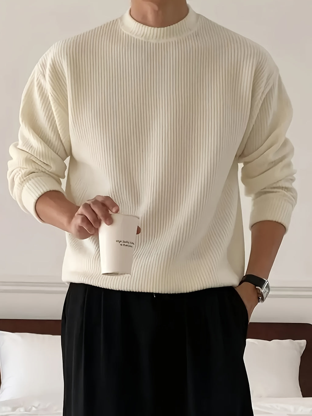 White Crewneck Sweater with Ribbed Knit
