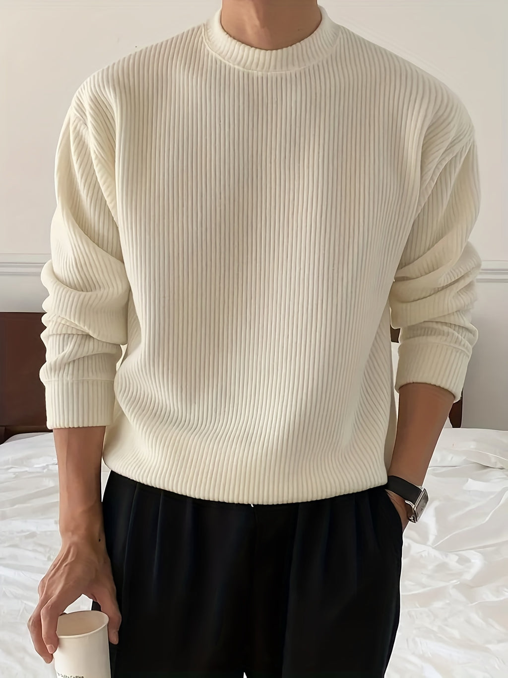 White Crewneck Sweater with Ribbed Knit