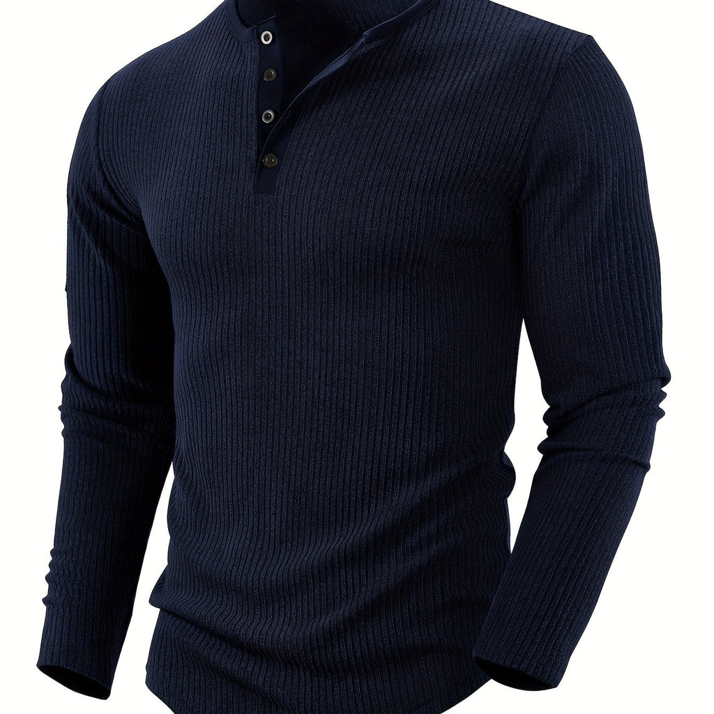 Ribbed Knit Henley Shirt with Button Placket