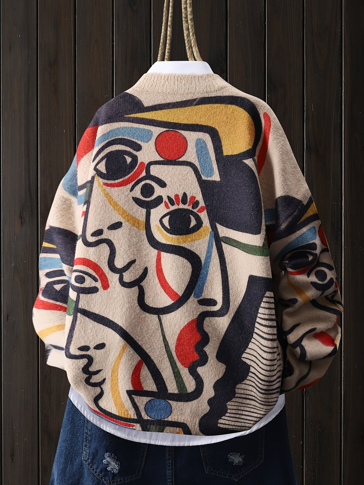 Mens crew neck sweater with abstract face print in Multicolor, back view, print runs all round