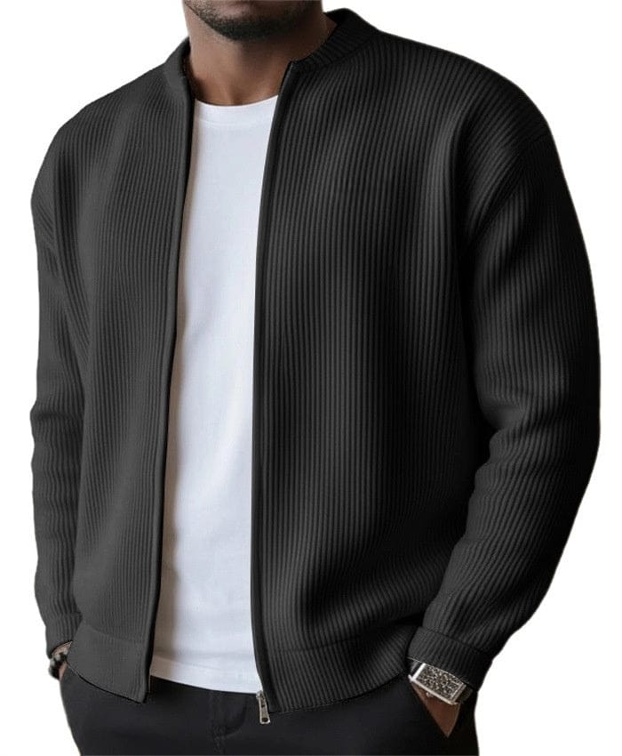 Mens zip up cardigan in rib knit in Black, worn open over a white tee