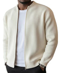 Mens zip up cardigan in rib knit in Beige, worn open over a white tee