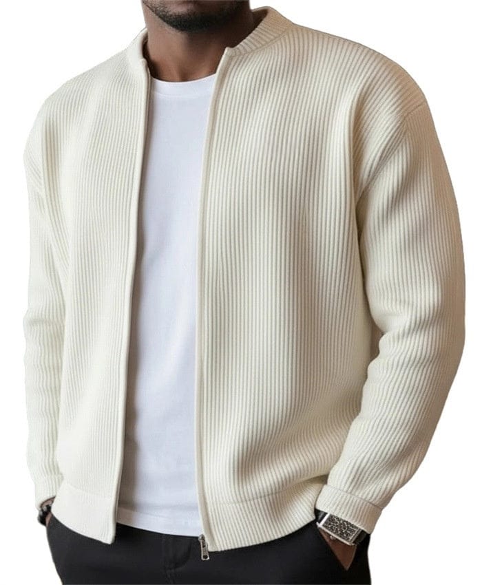 Mens zip up cardigan in rib knit in Beige, worn open over a white tee