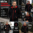 Mens zip up hoodie in Black with red piping, worn in the city