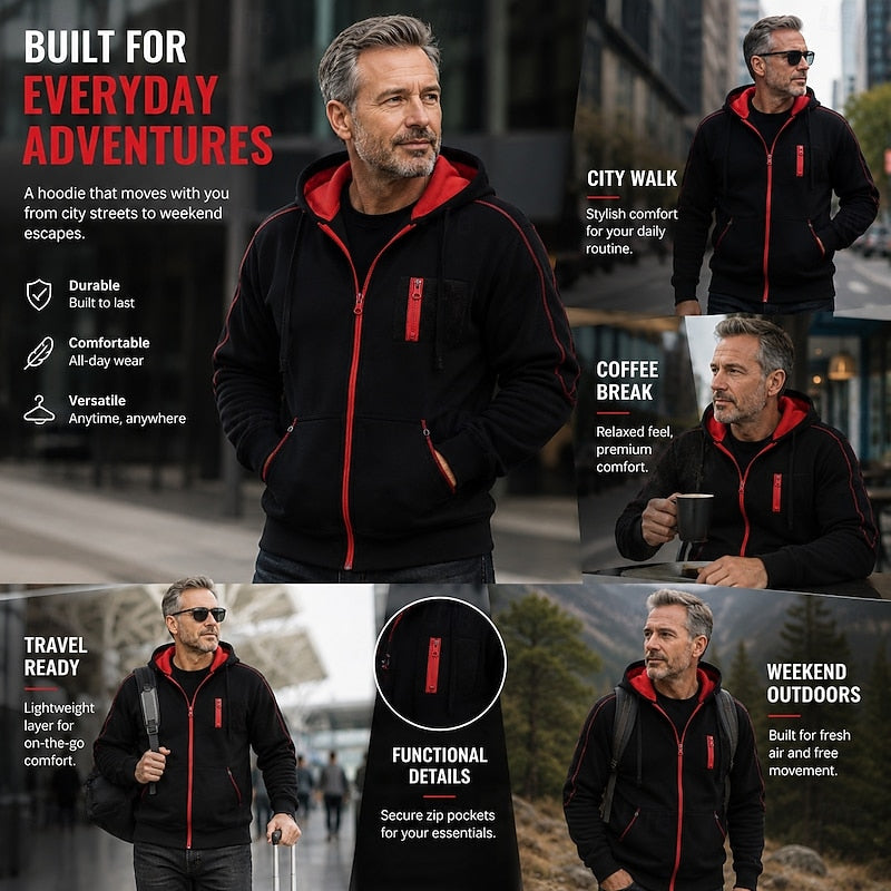 Mens zip up hoodie in Black with red piping, worn in the city