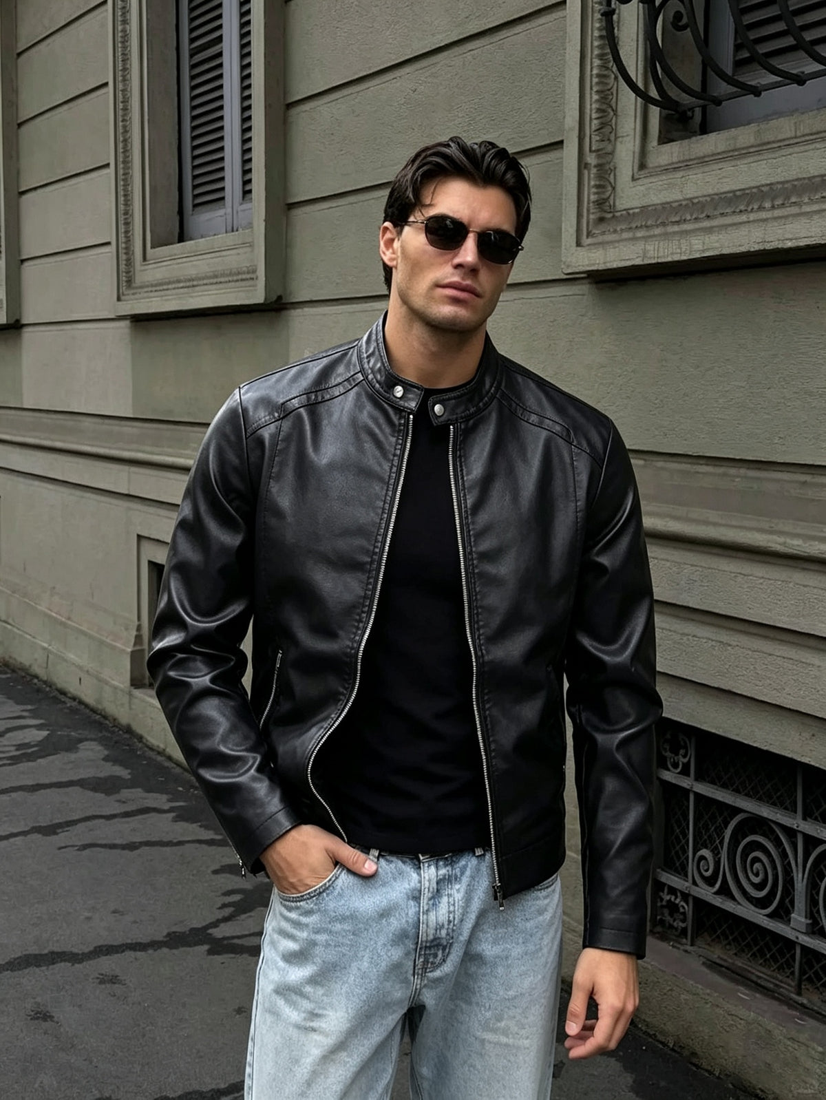 Black Stand Collar Leather Jacket with Zip Pockets