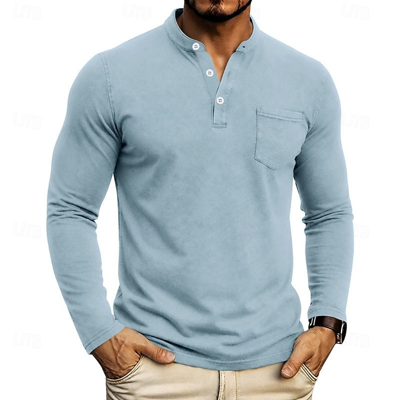 Chest Pocket Henley Shirt for Men in Light Blue