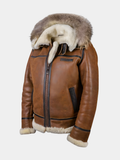 Brown hooded Flight Jacket for Men with Plush Hood Trim