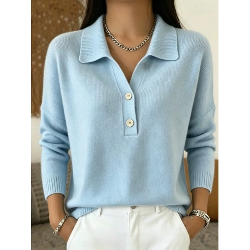 Womens polo sweater in Light Blue with two-button neck, front view