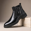Black double Buckle Chelsea Boots for Men with Side Zip