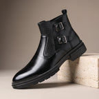 Black double Buckle Chelsea Boots for Men with Side Zip