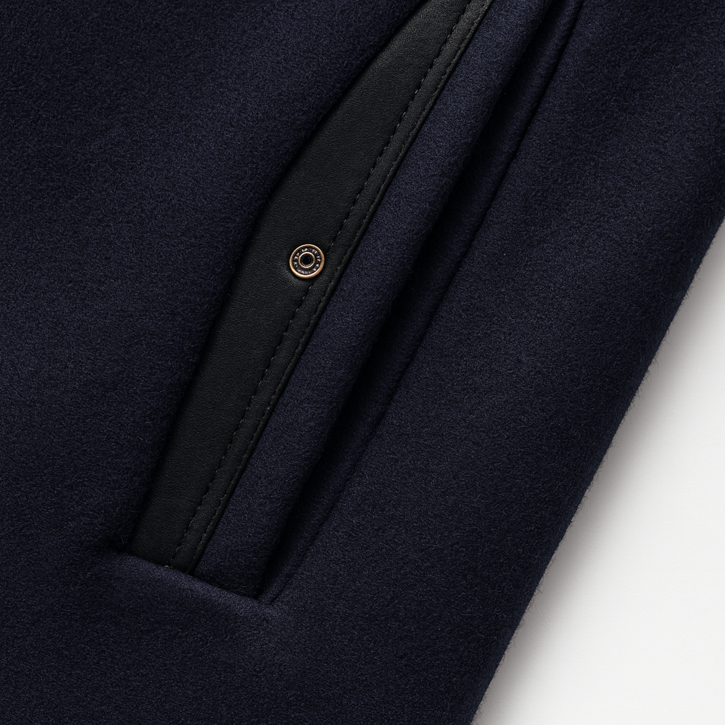 Mens overcoat in Navy, close-up of the trimmed pocket