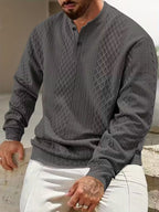 Mens henley sweater in Gray, seated view