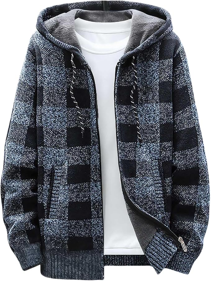 Blue Plaid Knit Hoodie for men