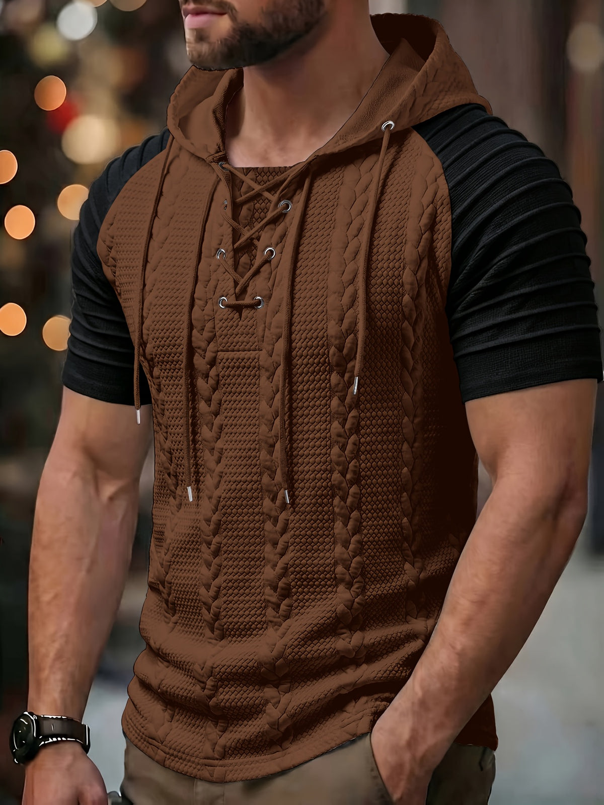 Brown Short Sleeve Knit Hoodie for men, view 9
