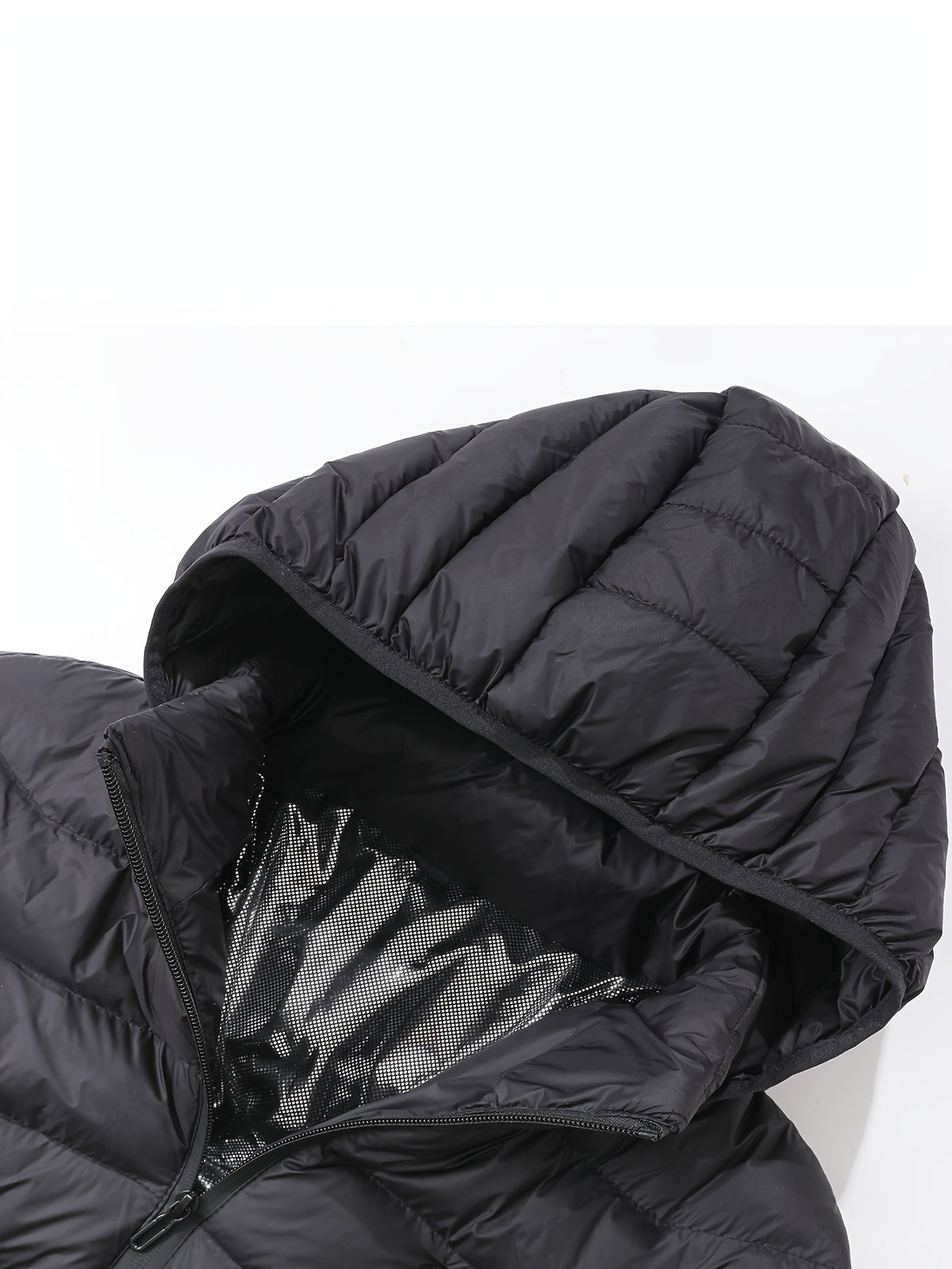 Mens heated jacket in Black, close-up of the hood lining