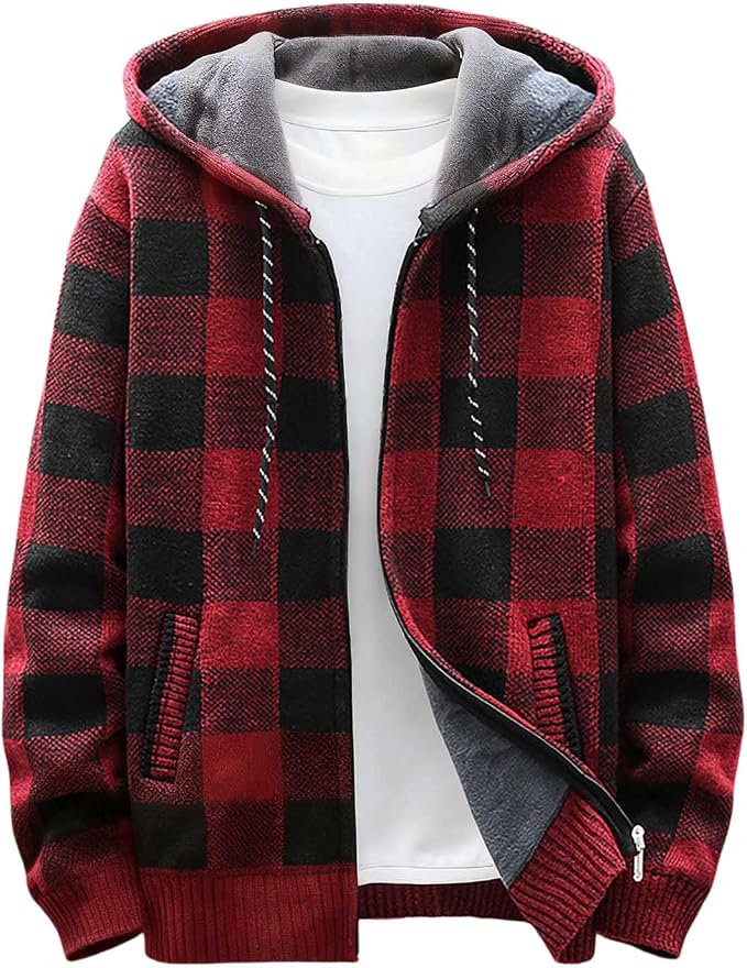 Red Plaid Knit Hoodie for men