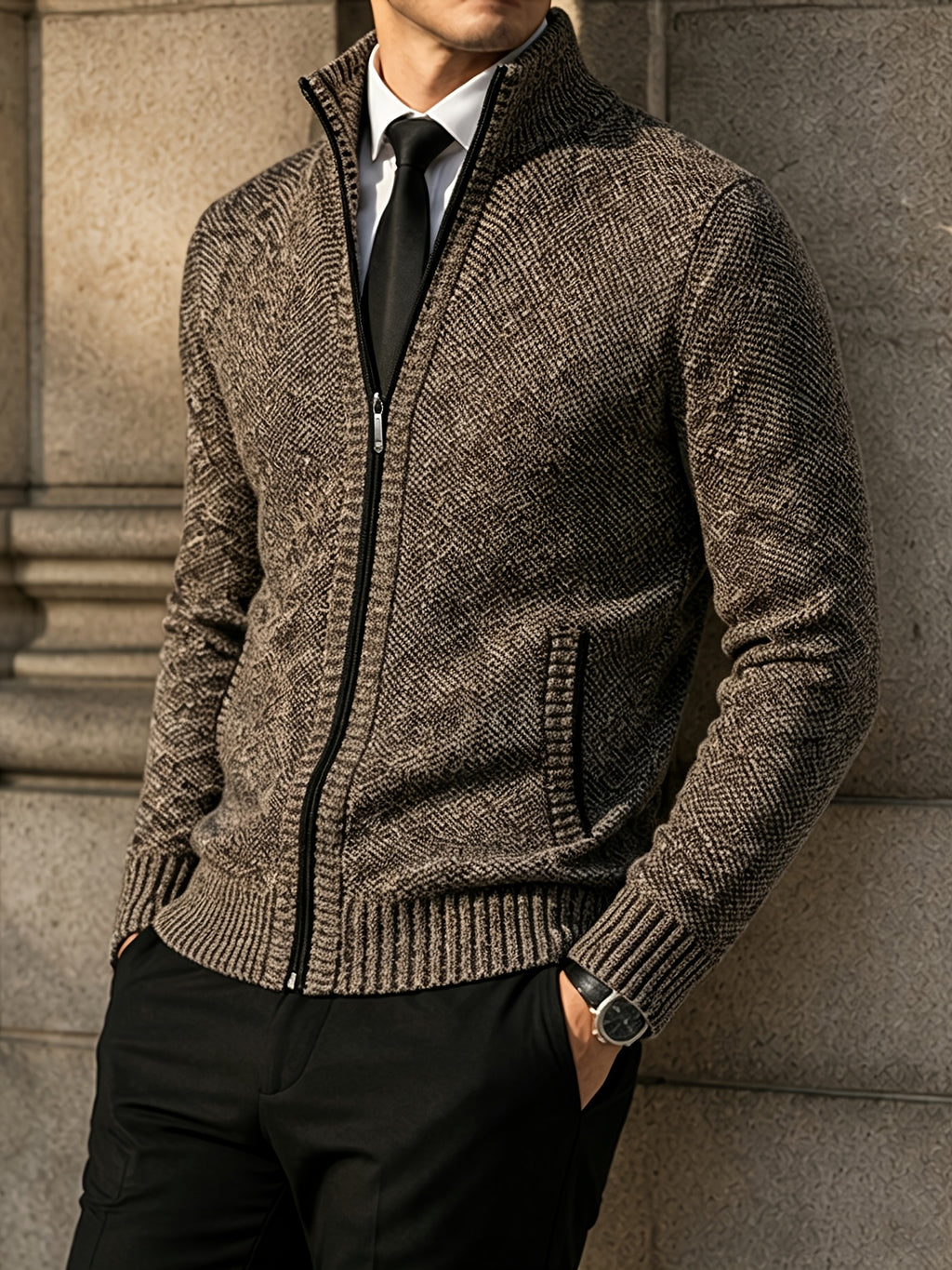 Patch Pockets Cardigan with Stand Collar