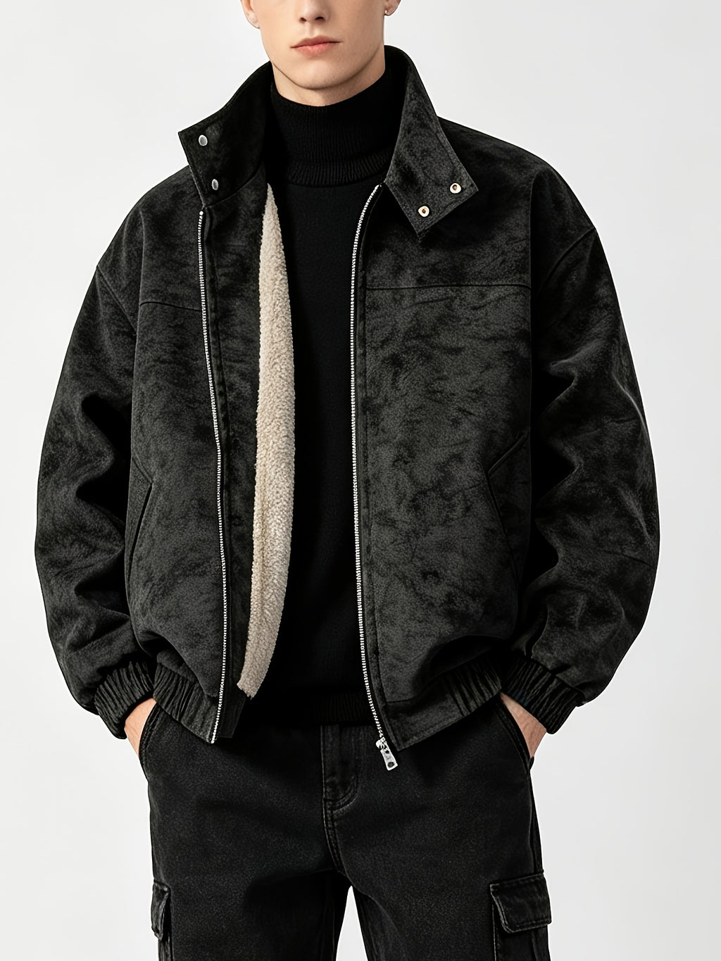 Fleece Lining Suede Work Jacket with Stand Collar