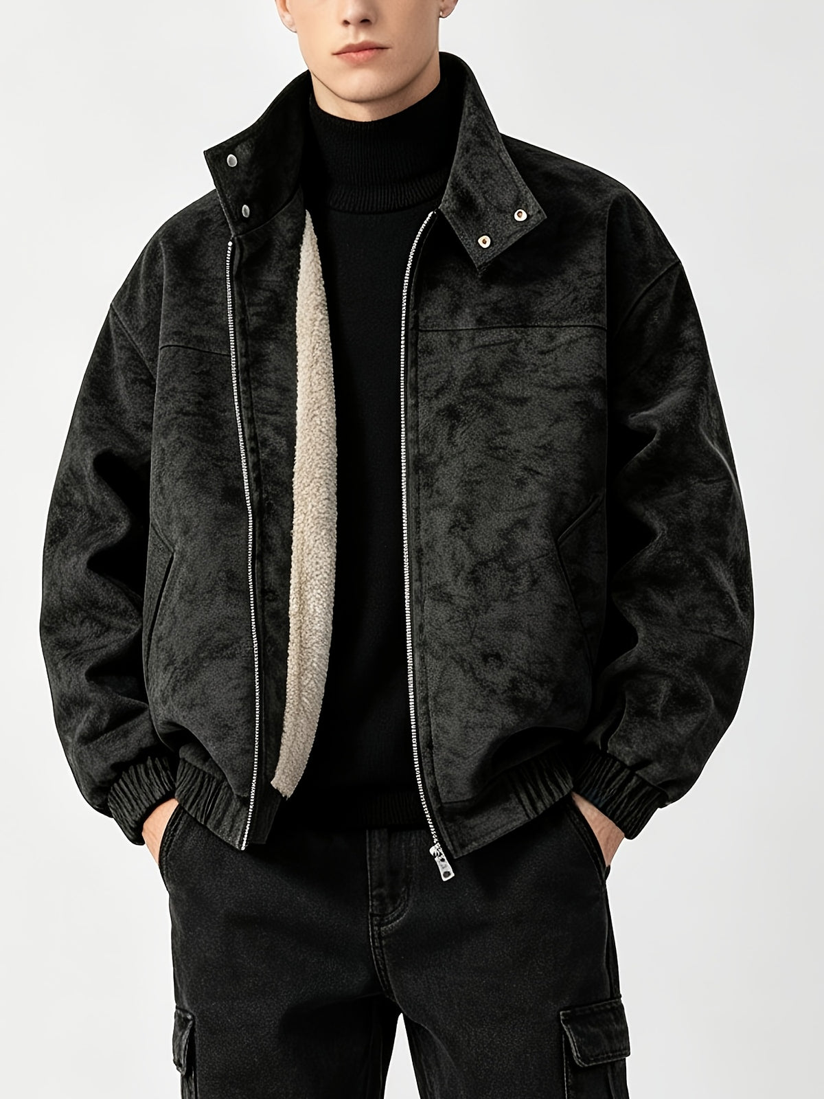 Fleece Lining Suede Work Jacket with Stand Collar