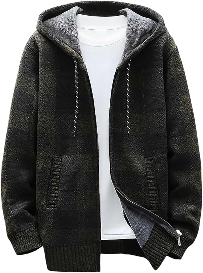 Green Plaid Knit Hoodie for men