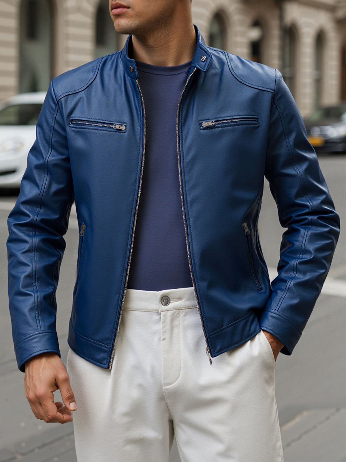 Zip Pockets Leather Jacket with Stand Collar