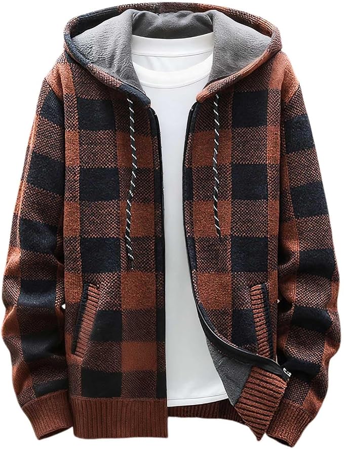 Rust Plaid Knit Hoodie for men