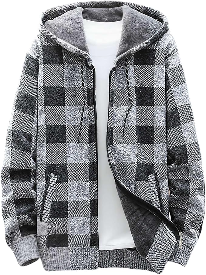Gray Plaid Knit Hoodie for men