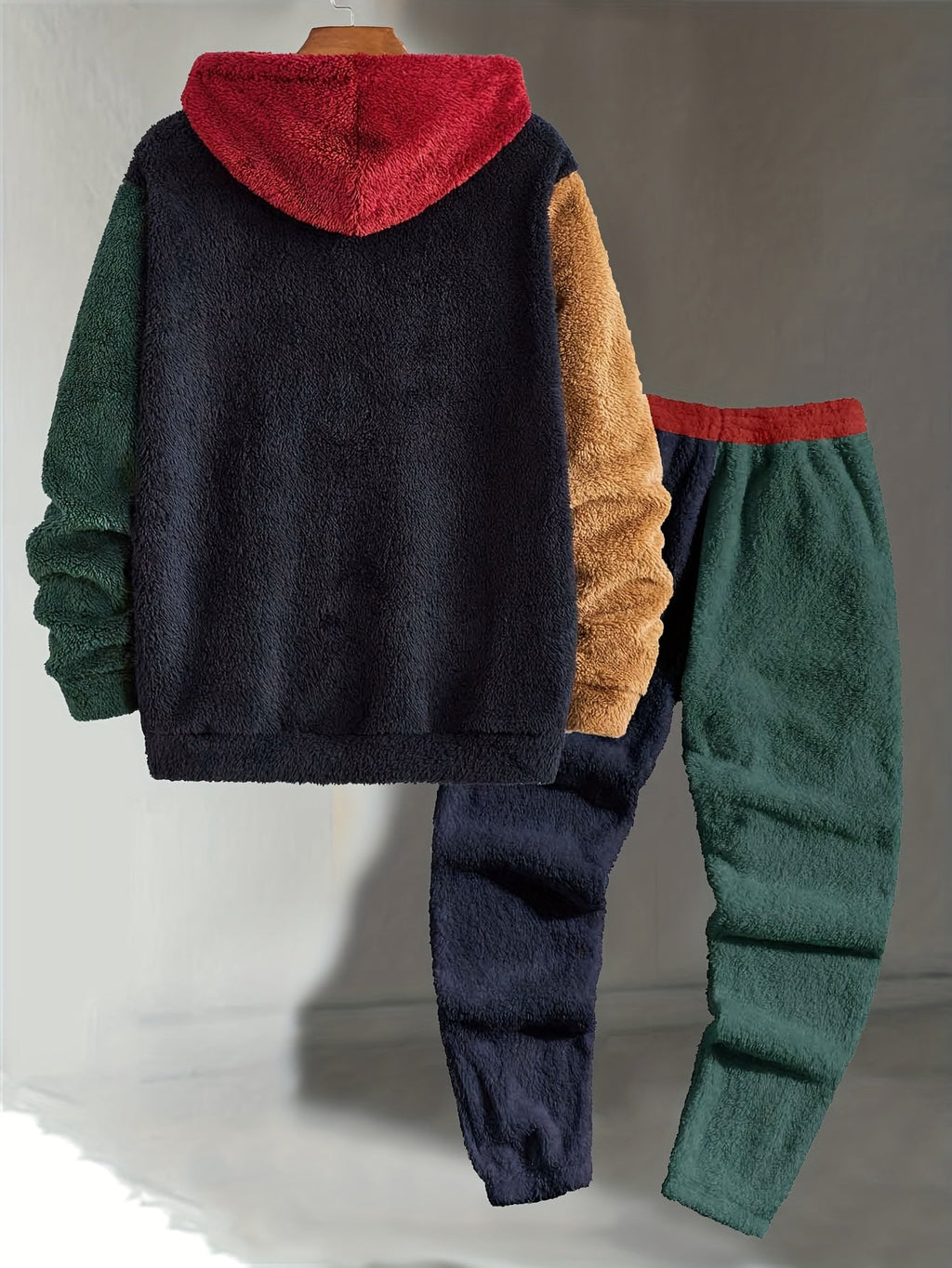 Mens sherpa fleece tracksuit in Navy, hoodie and joggers on a hanger, back