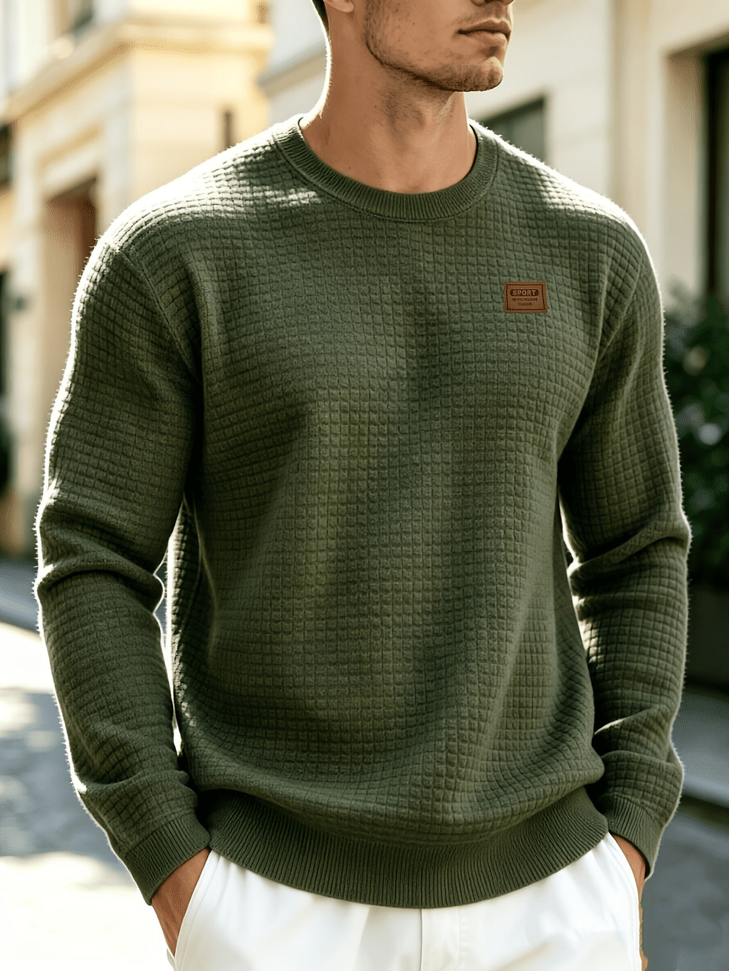 Leather Patch Crewneck Sweater with Waffle Texture