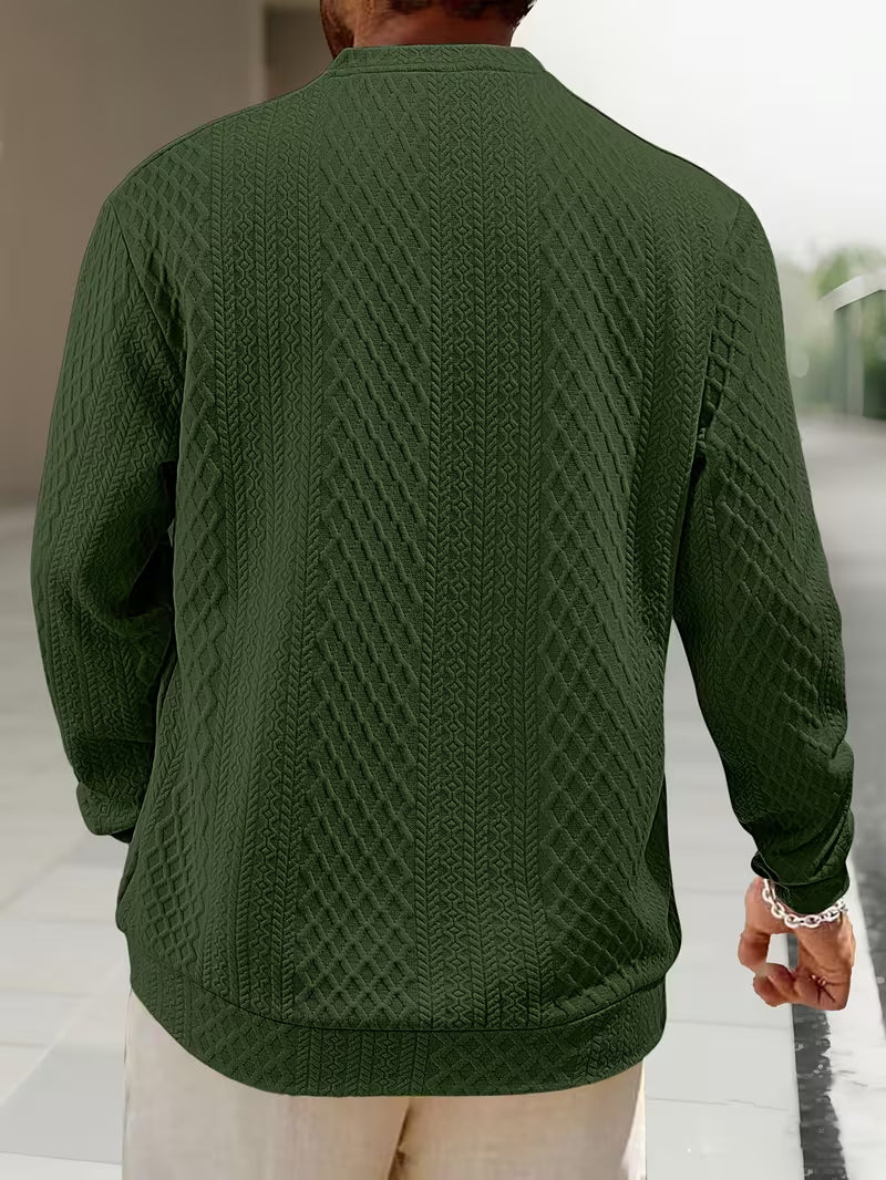 Mens henley sweater in Green, back view