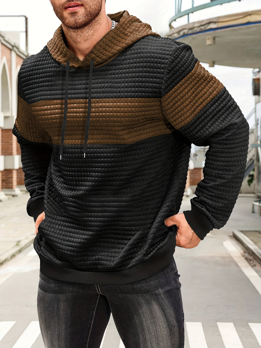 Mens hoodie in Brown with brown hood and stripe, worn