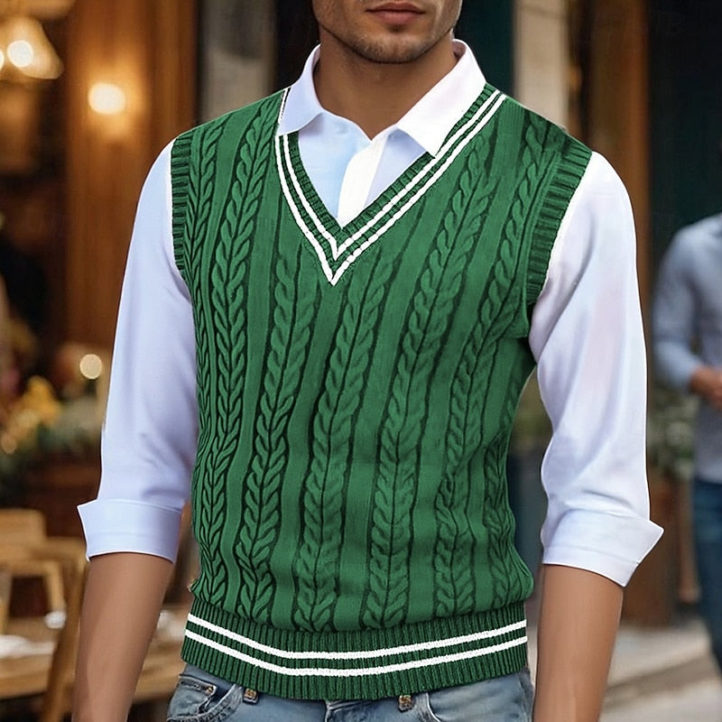 Green cable knit sweater vest for men with v neck