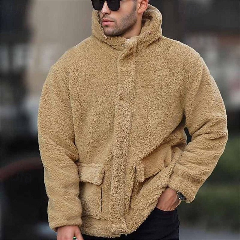 Tan hooded Sherpa Jacket for Men