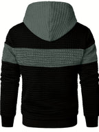 Mens hoodie in Charcoal, back view with hood and stripe
