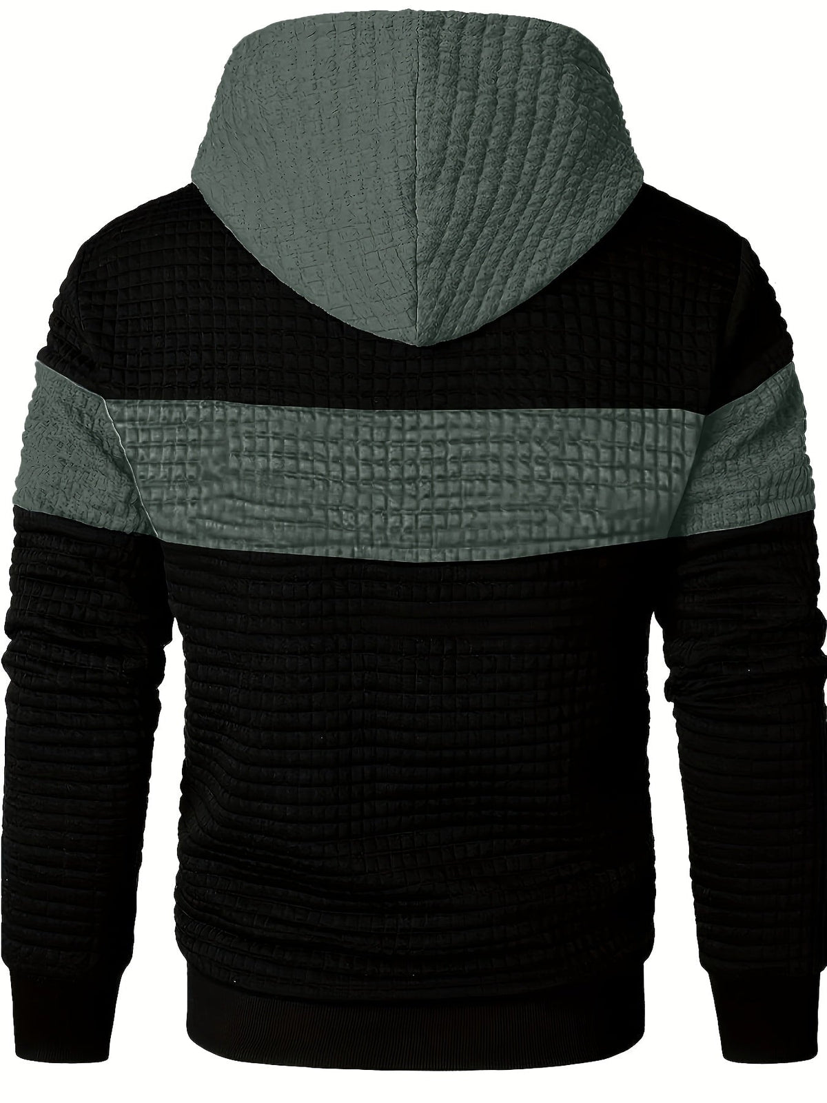 Mens hoodie in Charcoal, back view with hood and stripe