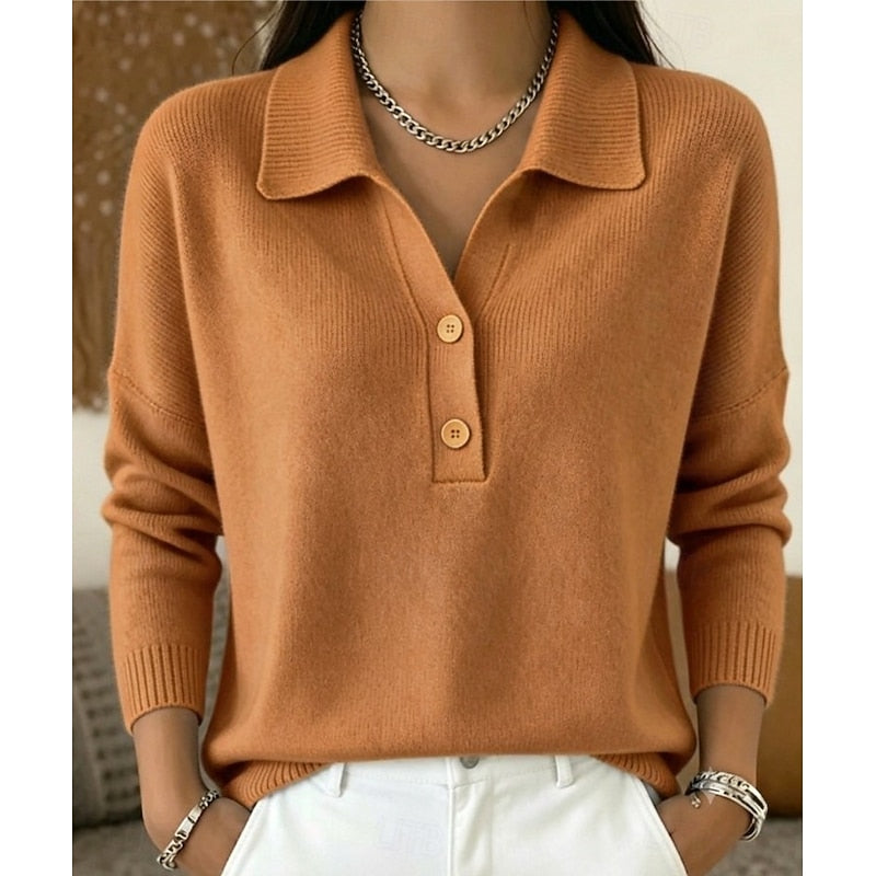 Womens polo sweater in Camel, front view