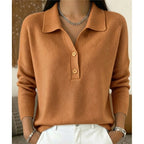 Womens polo sweater in Camel, front view