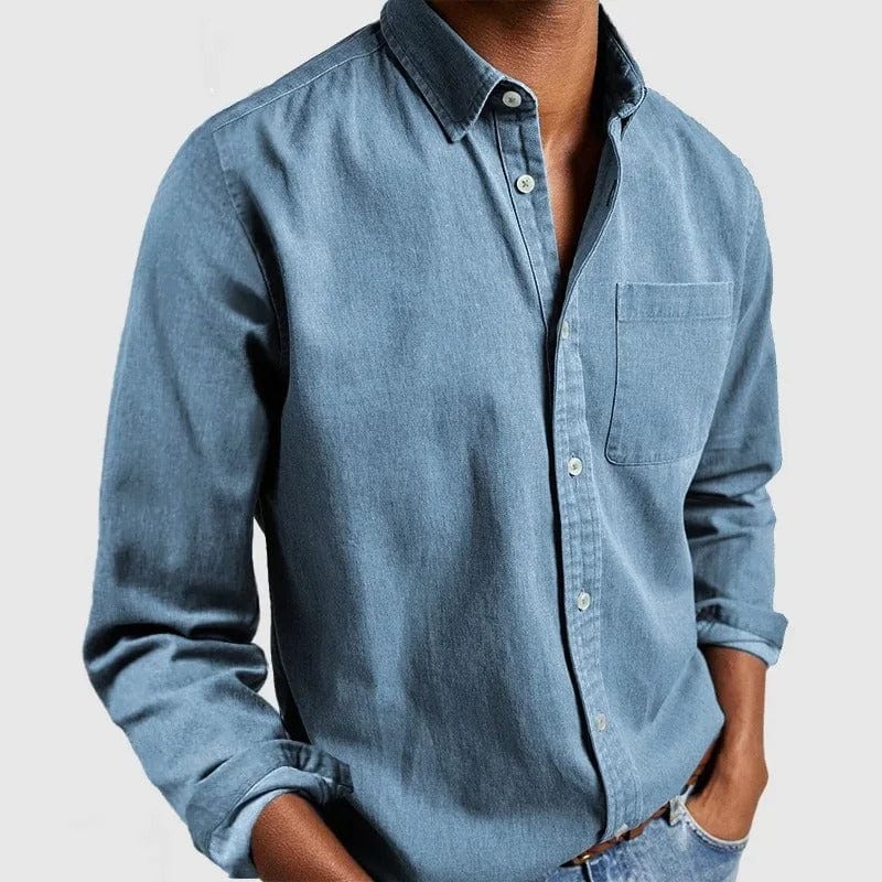 Mens button up shirt in Sky Blue, front view on a model