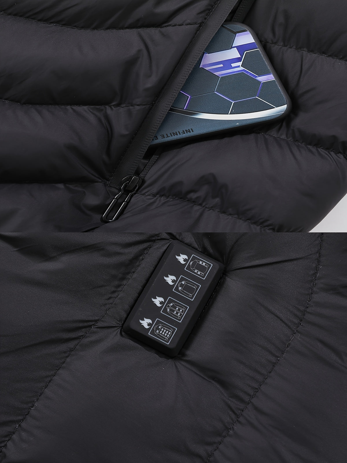 Mens heated jacket in Black, close-up of the pocket and chest controller