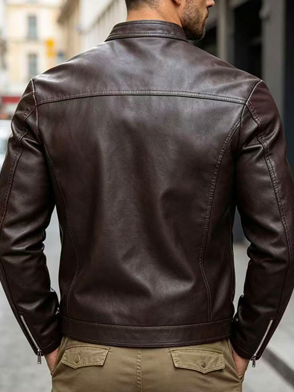 Stand Collar Leather Jacket with Zip Front
