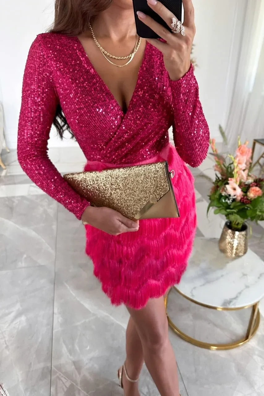 Womens feather dress in Hot Pink, close view of the sequin wrap top