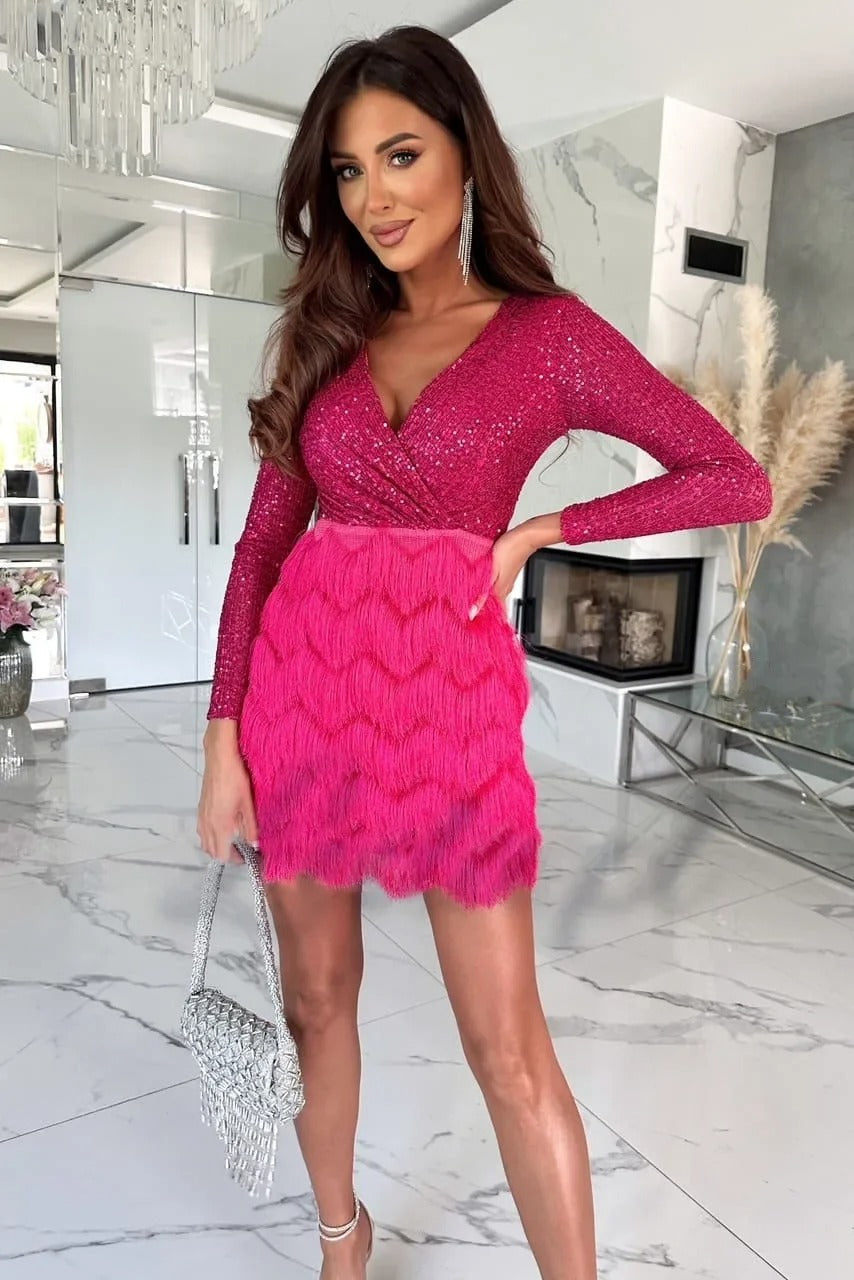 Womens feather dress in Hot Pink, sequin wrap top and feather skirt, front view