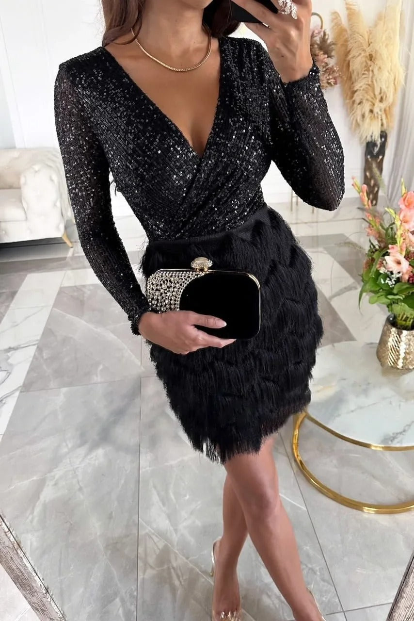 Womens feather dress in Black, close view of the sequin wrap top