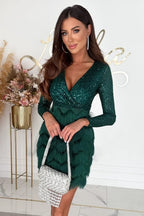 Womens feather dress in Green, sequin wrap top and feather skirt, front view