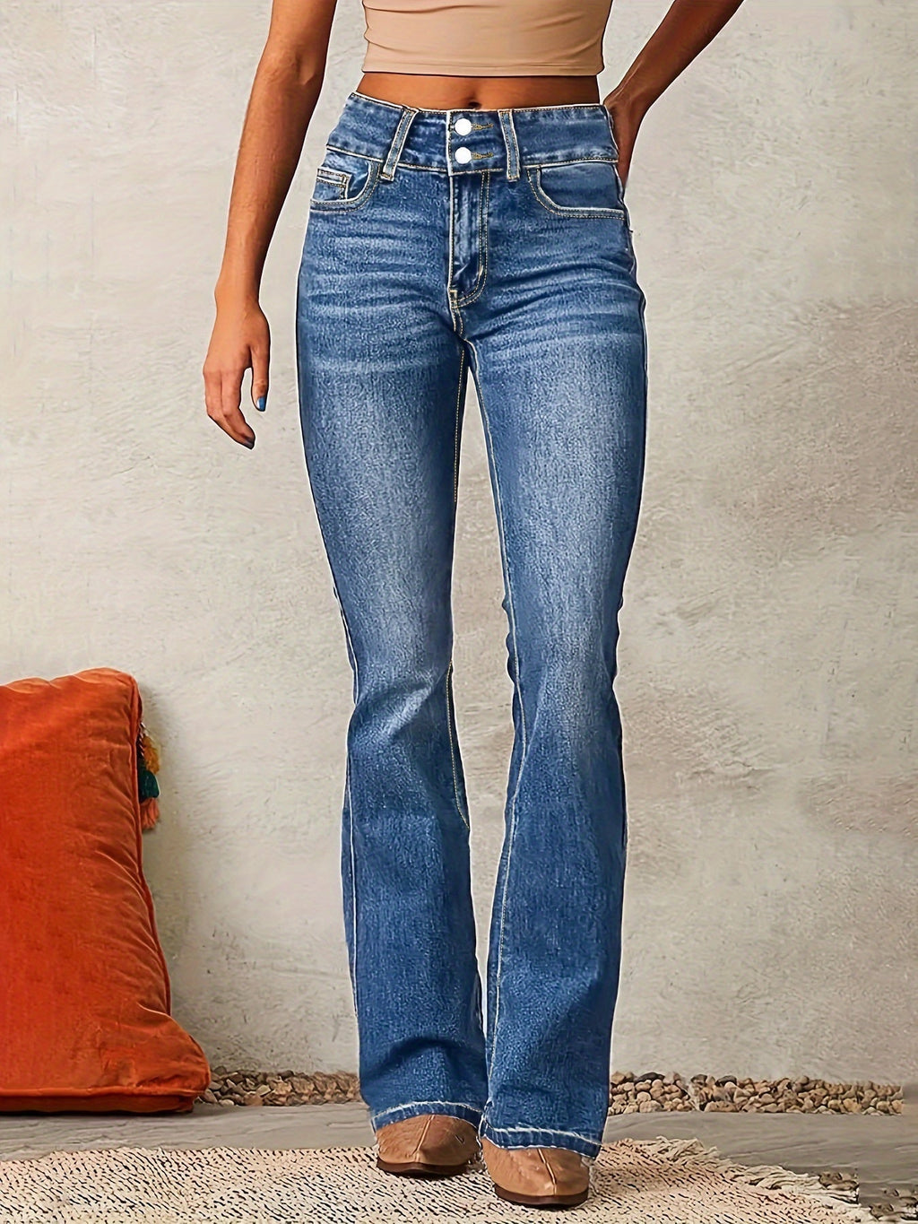 Womens flare jeans in Blue with double button high waist, front view