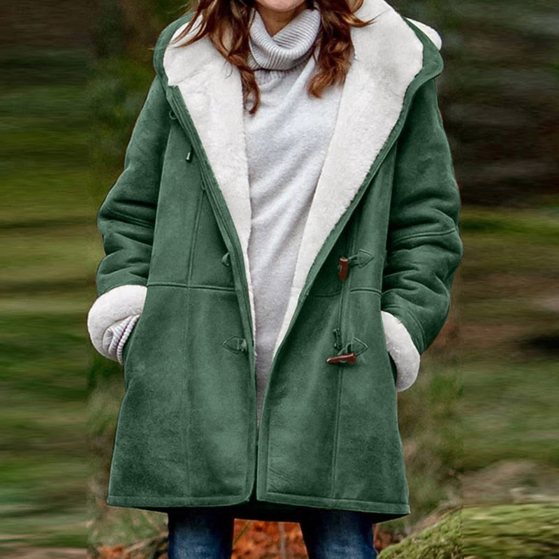 Womens winter coat in Green with sherpa lined hood and toggles